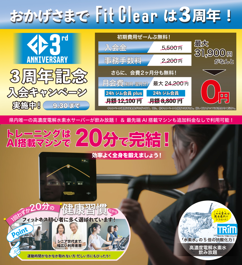 3周年記念入会キャンペーン実施中。9月30日までの入会が対象。初期費用、事務手数料が全部無料。さらに、月会費2カ月分も無料。最大12,100円割引。県内唯一の高濃度電解水素水サーバーが飲み放題、最先端AIマシンも追加料金なしで利用可能。キャンペーン適用には条件がございます。詳細は見学時、またはお問い合わせにてご説明いたします。
